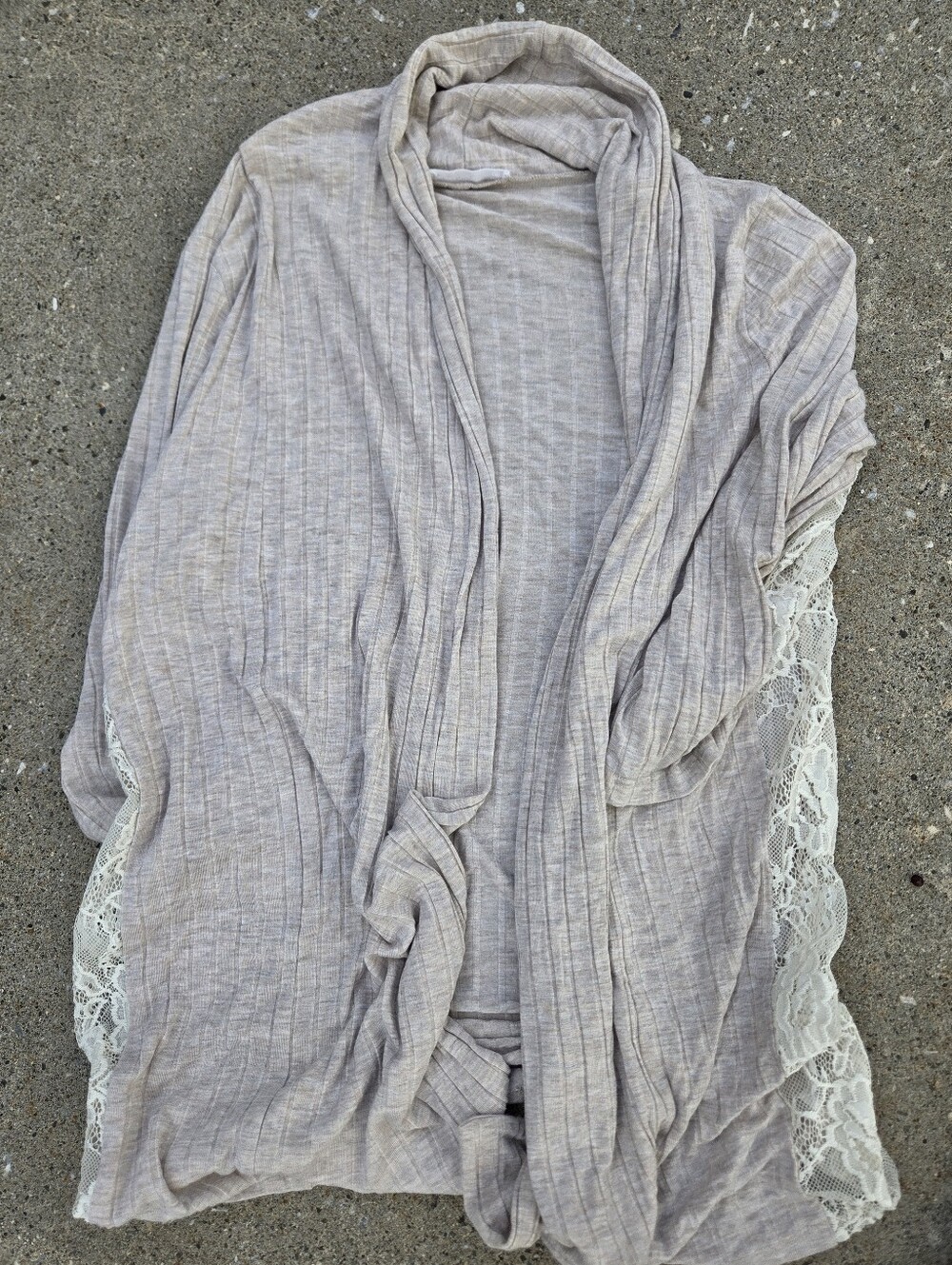 August Mist Beige Ribbed Open Front Cardigan Lace Sides M